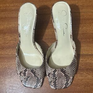 Jessica Simpson Tan Snake Print Mules